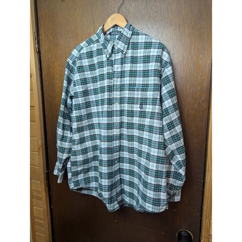 Vintage Nautica 90s Plaid Shirt Large Green Navy Blue Cotton Grunge Preppy L